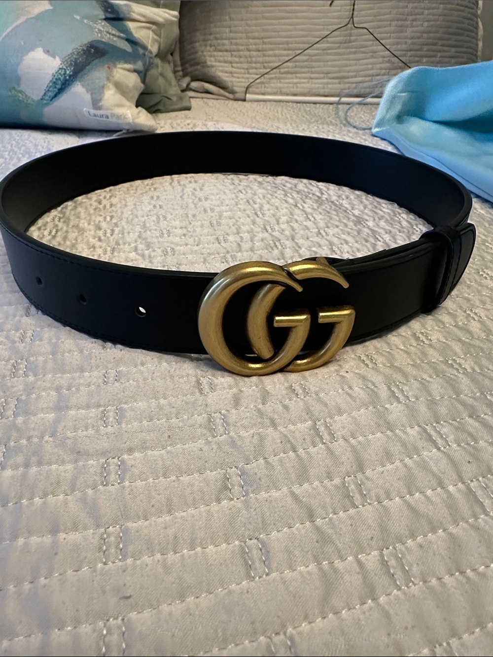 Black Leather Belt with Double G Gold Buckle - Designer Style